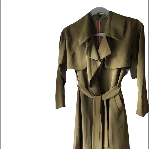 NWT Highline Belted Trench Midi Coat Sage Green pink piping Belted Long Sleeves - Picture 3 of 6